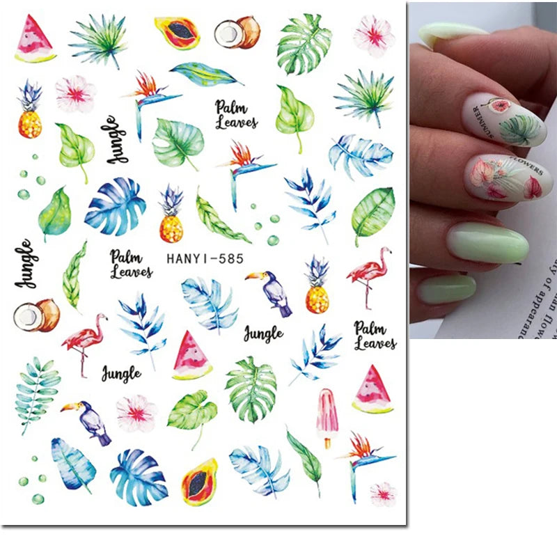 3D Summer Tropical Nail Art Sticker Decals — Palms, Butterflies & Flowers