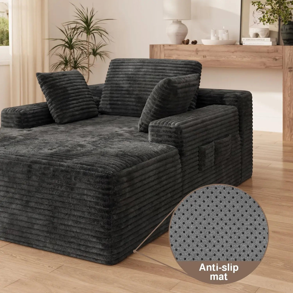 67-Inch Gray Corduroy Chaise Lounge with 3 Pillows
