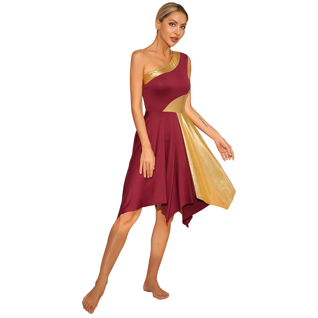 One Shoulder Irregular Hem Dance Performance Dress — Lyrical Worship Dancewear Costume