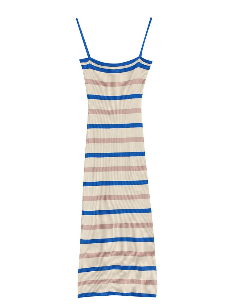 Elegant Camisole Knitted Striped Midi Dress – Sleeveless Slim Fit Summer Dress