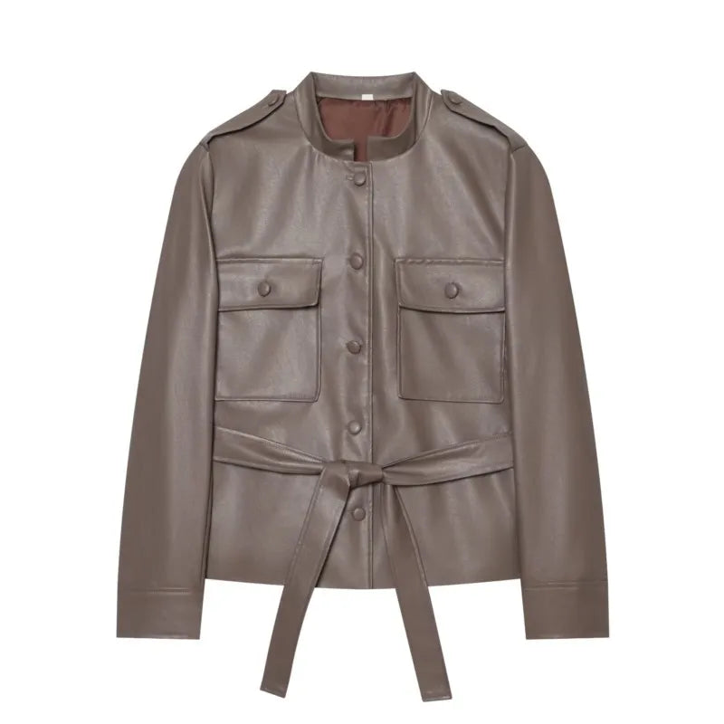 Women's Belted Jacket – Stand Collar Button Front
