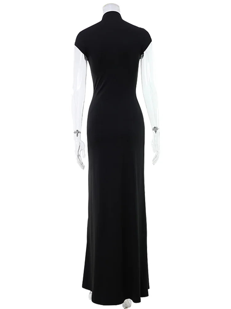 Metal Buckle Sheath Dress — Short Sleeve O-Neck Bodycon Evening Dress