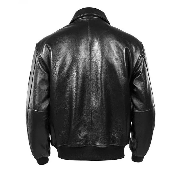 Men's Black Glossy Genuine Cowhide MA-1 Flight Jacket — Military Bomber with Point Collar