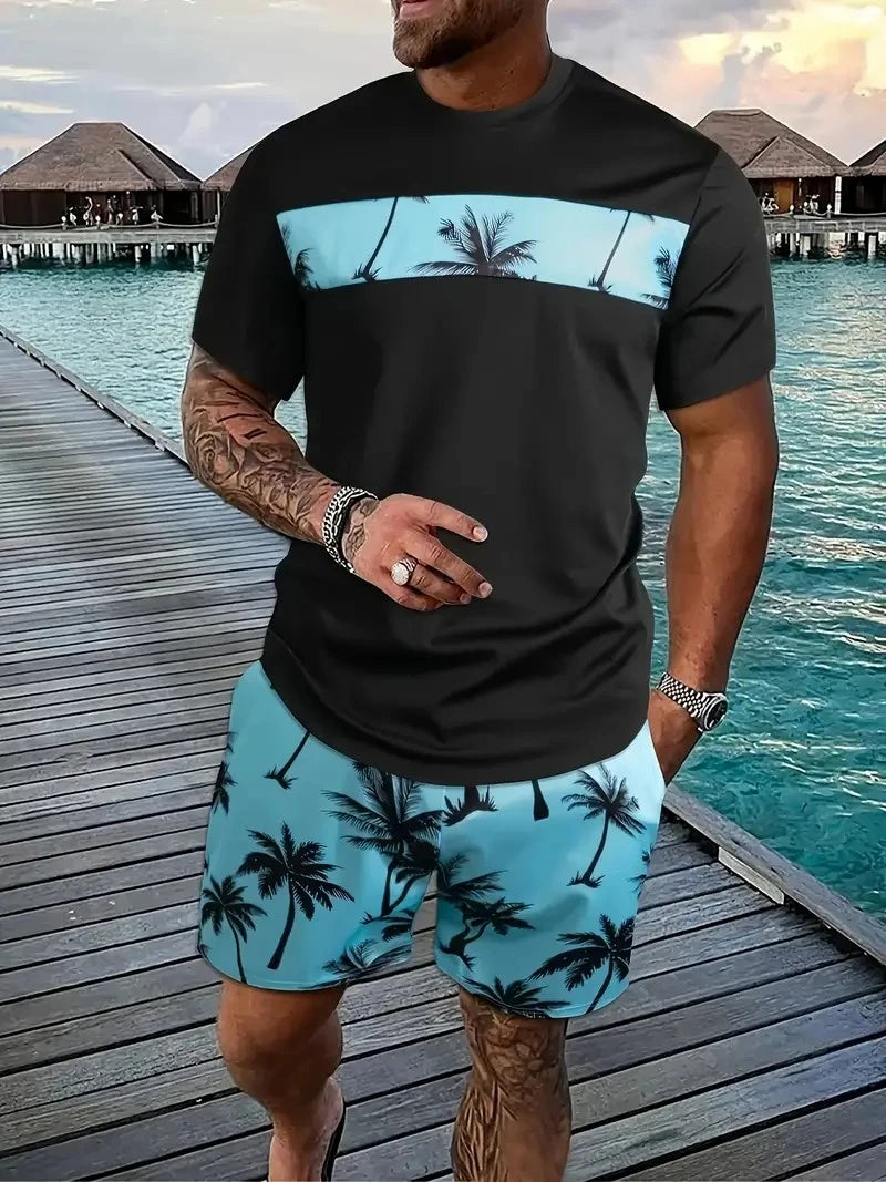 Men's Hawaiian Beach Print Short Sleeve T-Shirt & Shorts Set – Lightweight Sportswear