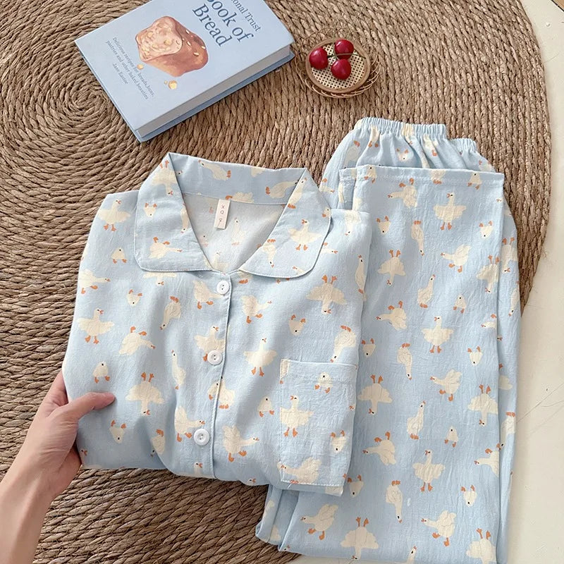 Women's Kawaii Goose Print Y2K Pajamas Set | Korean Fashion Lapel Neck Autumn Loungewear