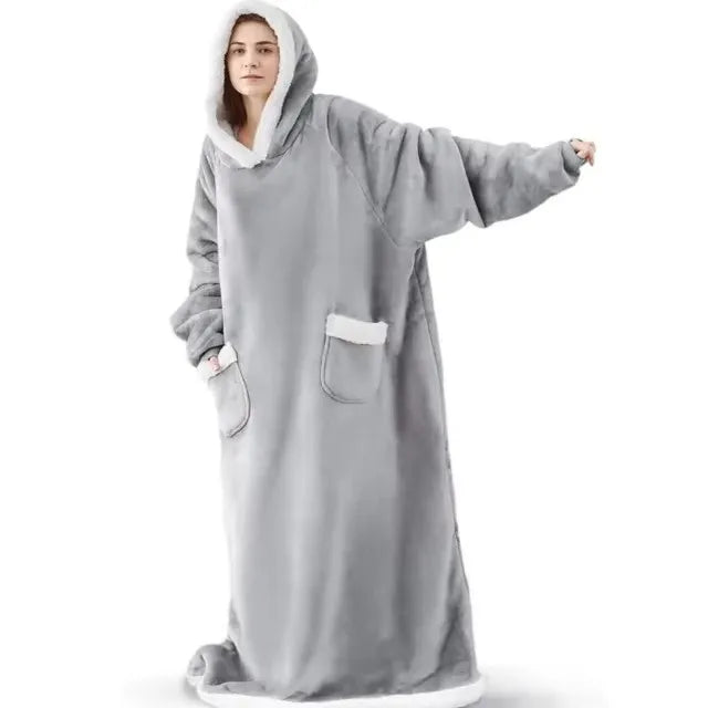 Super Long Flannel Blanket Hoodie – 180cm Oversized Fleece Sweatshirt with Sleeves for Women & Men