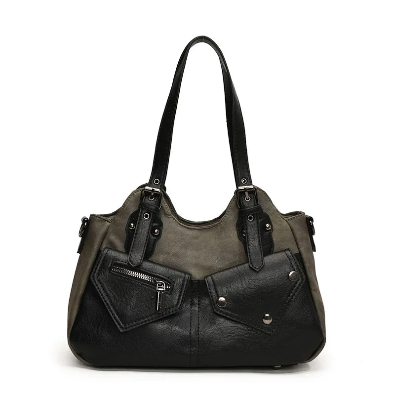 Retro Color-Block Satchel Shoulder Bag – European Style PU Leather Tote Handbag for Women