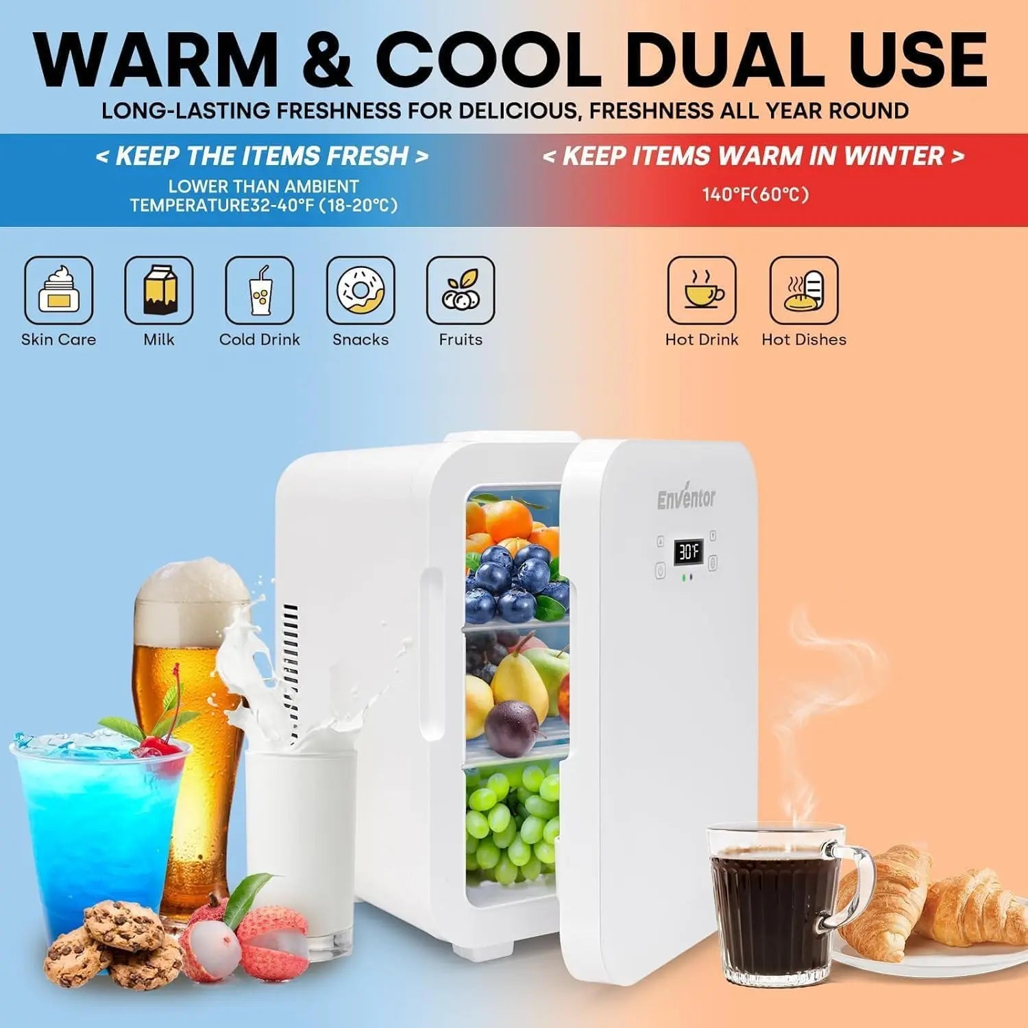 Enventor 10L Mini Car Refrigerator — Portable Skincare Fridge AC 120V/DC 12V Thermoelectric Cooler & Warmer for Camping