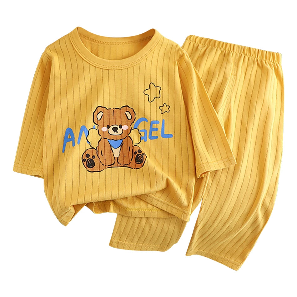 Kids' Cartoon Bear Long Sleeve Pajamas Set | Soft Breathable Sleepwear Boys & Girls