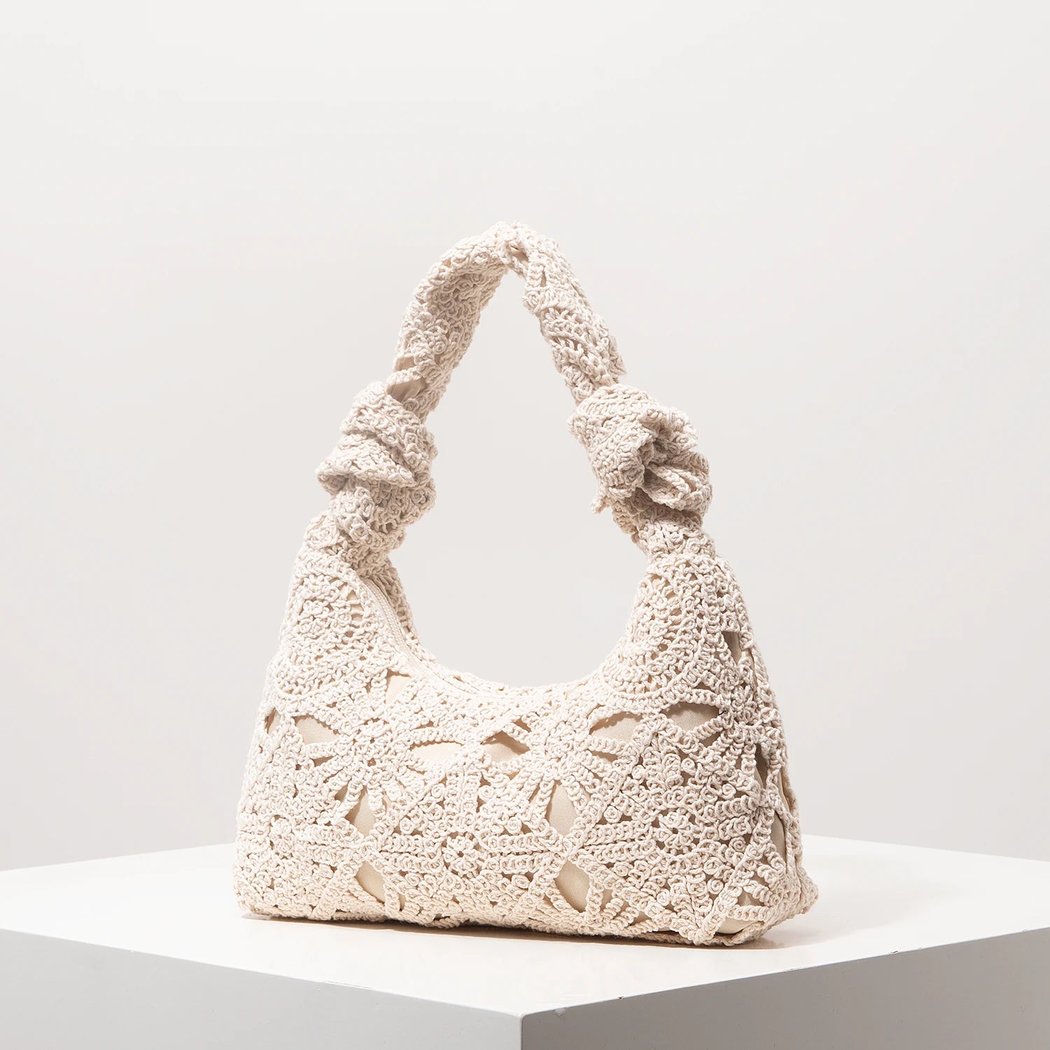 Boho Floral Half-Moon Beach Bag – Hollow-Out Polyester Shoulder Bag for Women
