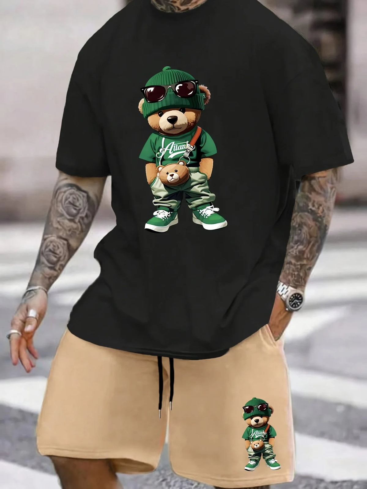 Men's Hip-Hop Bear Print Short Sleeve Sports Set – Quick-Dry 2-Piece Streetwear
