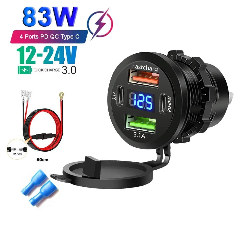 Car USB Charger with Voltmeter – PD3.0 & QC3.0 Fast Charging Socket for Motorcycle, Boat & Auto (12/24V)