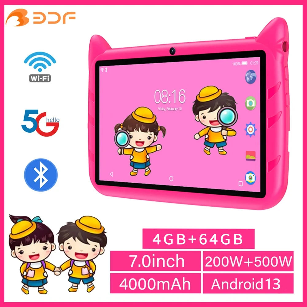 BDF 7" Kids Tablet – 4GB RAM, 64GB, Android 13, 5G Wi-Fi, Dual Camera