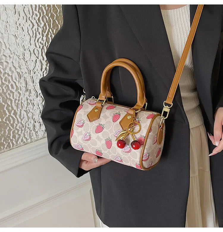Cherry Print PU Leather Boston Crossbody Shoulder Bag – Luxury Designer Handbag for Women