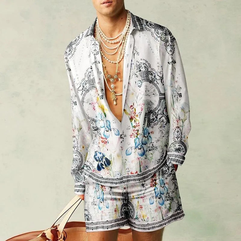 Men's Hawaiian Print Shirt & Drawstring Shorts Beach Vacation Set