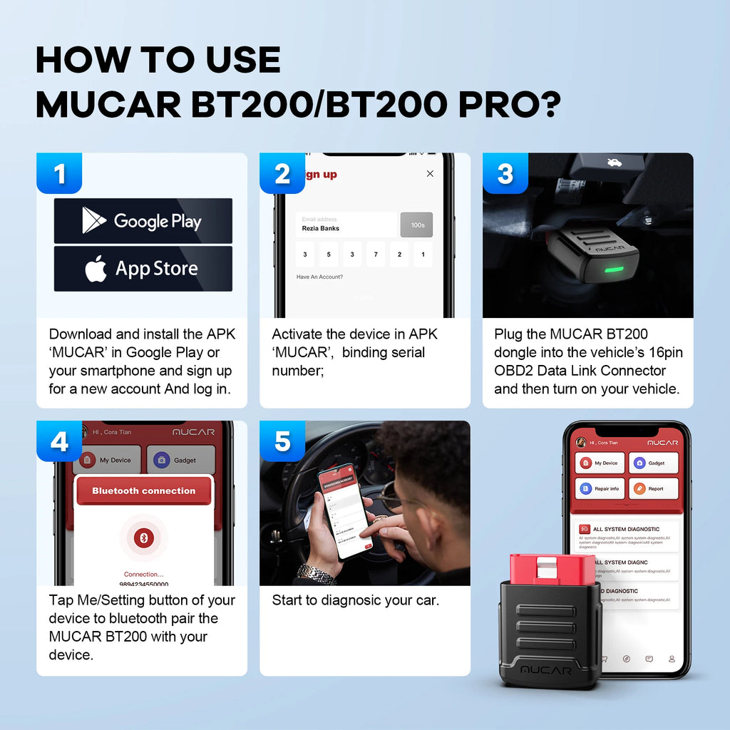 MUCAR BT200 Pro OBD2 Bluetooth Car Diagnostic Scanner — 15 Resets, Full System, 120+ Car Brands
