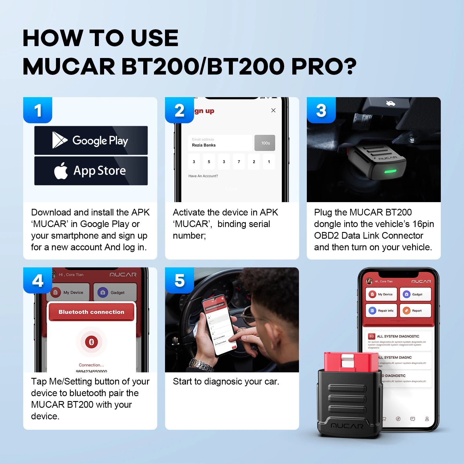 MUCAR BT200 Pro OBD2 Bluetooth Car Diagnostic Scanner — 15 Resets, Full System, 120+ Car Brands