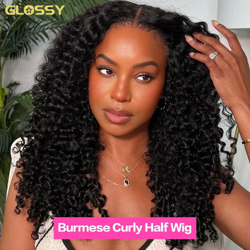 300% Density Burmese Curly Human Hair Wigs For Women Brazilian No Glue Kinky Culry 3 IN 1 Half Wig 100% Human Hair Wigs On Sale