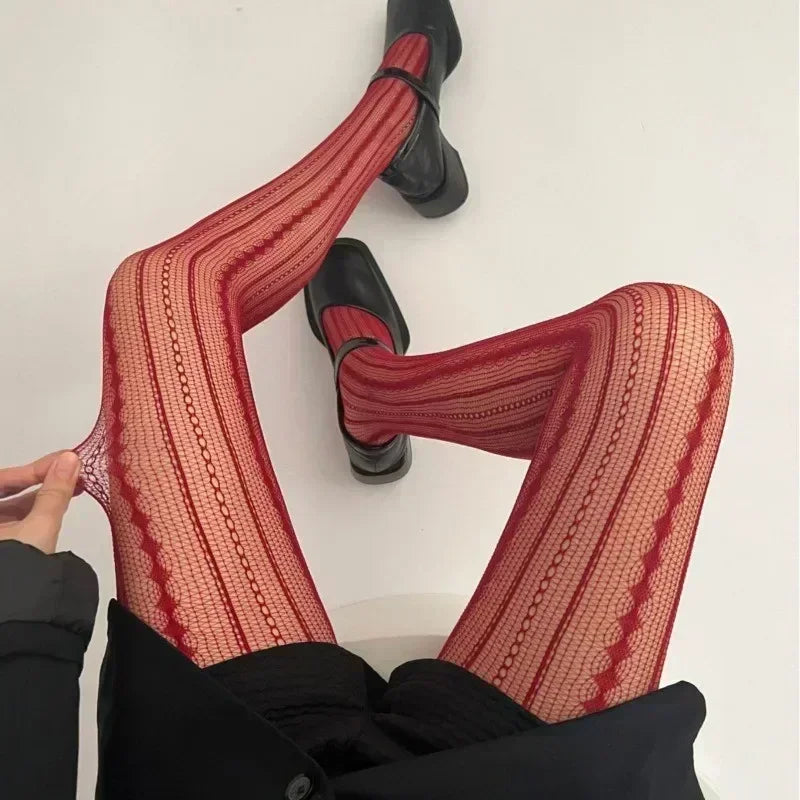 Gothic Fishnet Pantyhose – Ripped Lace Silk Stockings Y2K Punk Hollowed-Out Retro Tights