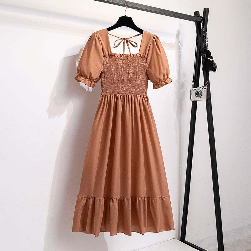 Chiffon A-Line Midi Dress — Elastic Waist Short Sleeve Casual Dress
