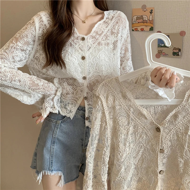 Women's Vintage Sheer Lace Blouse – Long Sleeve See-Through Sun Shirt Korean Style Casual Top