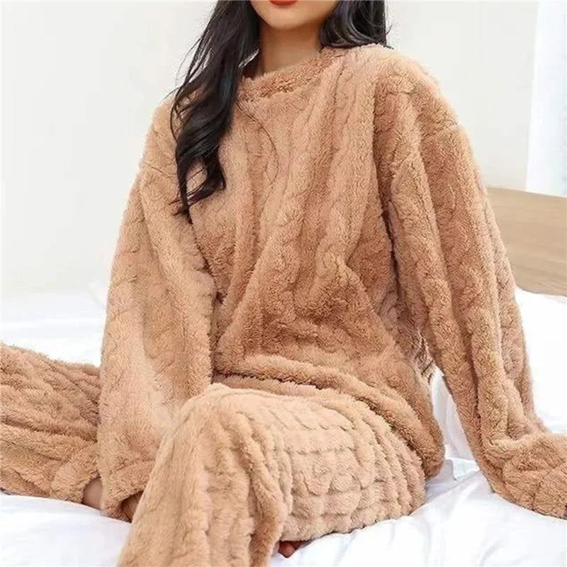 Women's Winter Plush Fleece Pajama Set – Thick Warm Jacquard Loungewear, 6 Colors