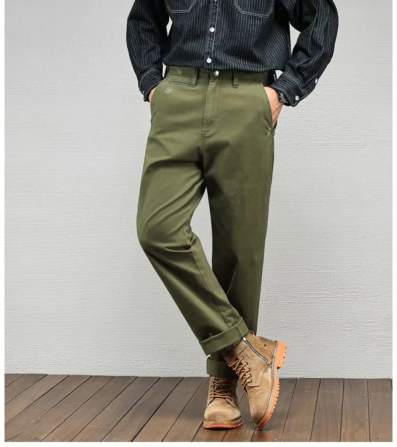 Men's Vintage Straight Leg Cotton Workwear Trousers — Loose Fit Retro Pants for Autumn & Winter