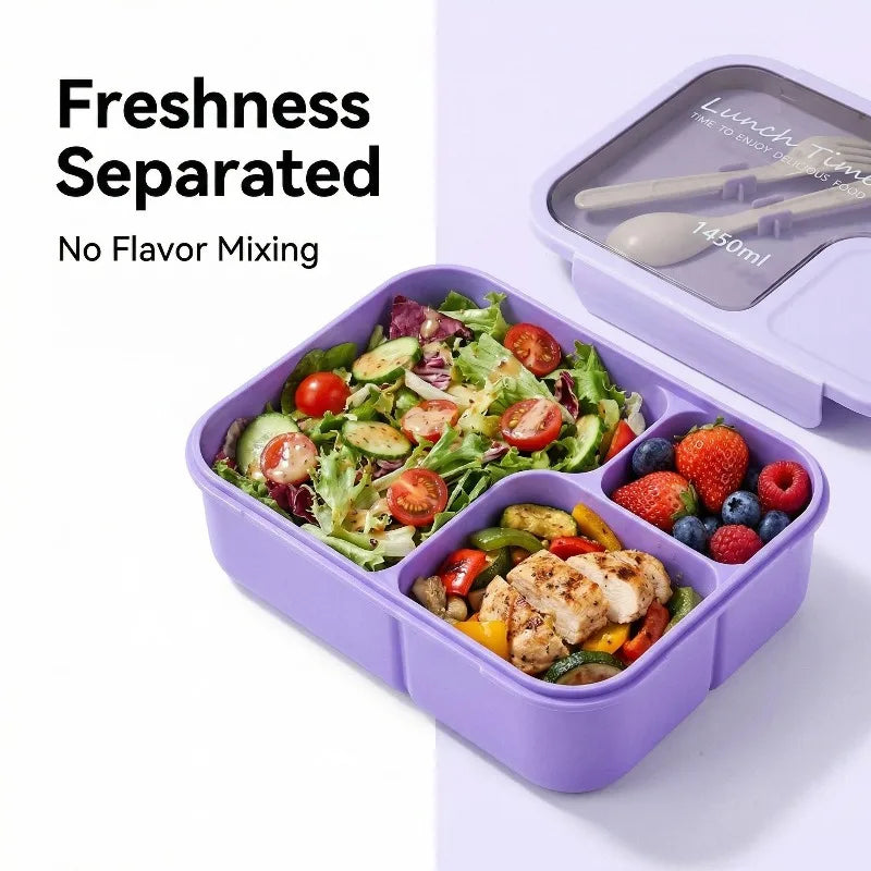 Purple lunch box with compartments containing salad, fruit, and chicken on a white background.