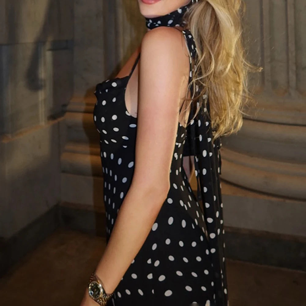 Elegant Polka Dot Halter Pleated Maxi Dress – Ruffle Sleeveless Evening & Party Dress