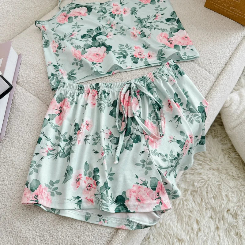 Women's Ice Silk Print Pajama Set | Round Neck T-Shirt & Shorts Breathable Homewear