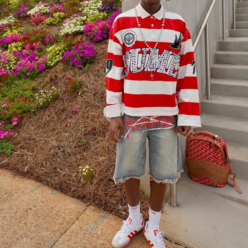Y2K Rugby Diamond Embroidery Stripe Polo & Long Sleeve Shirts Co-ord Set – Oversized Unisex