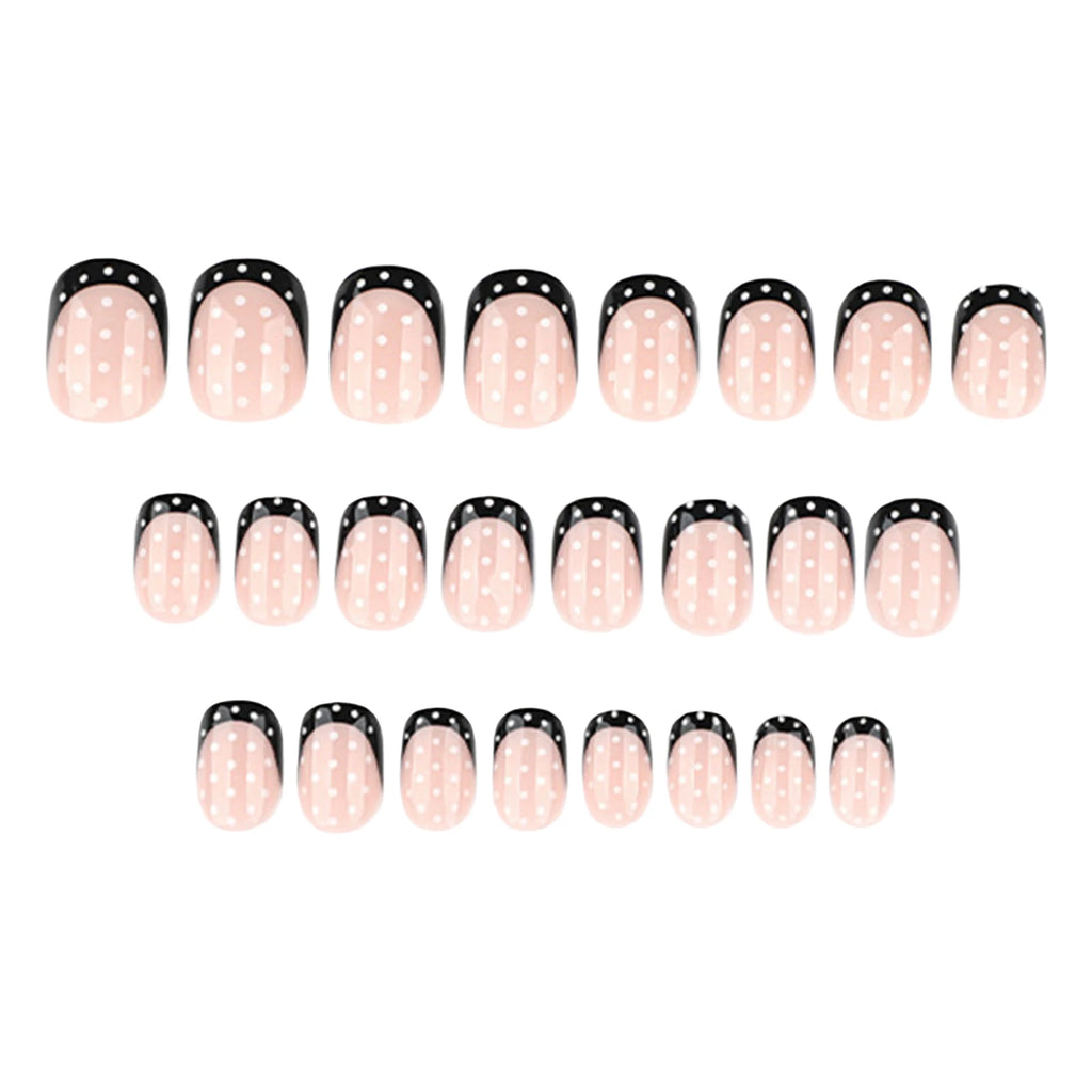 French Press-On Nails – 24-Piece Short Round False Nail Tips, Black & White Polka Dot & Nude Designs, 4 Styles