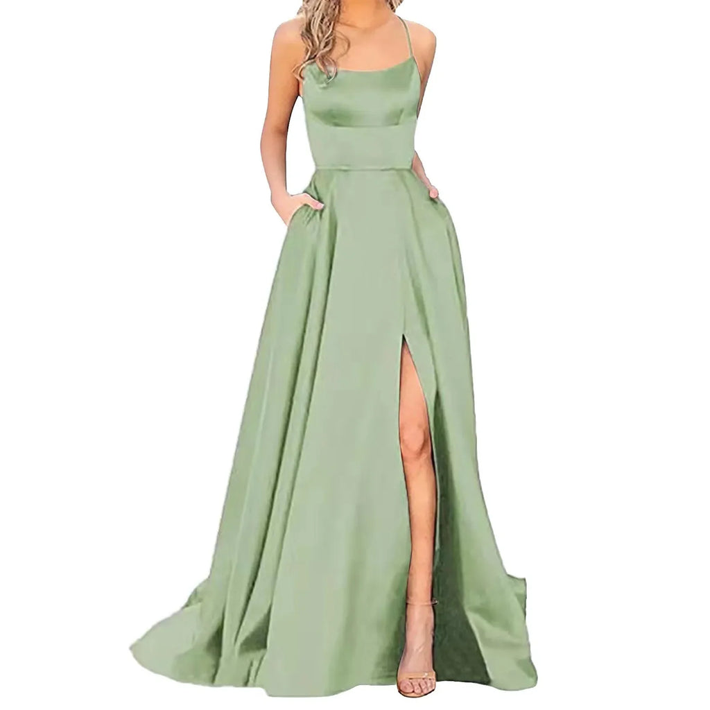 Backless Floor-Length Evening Dress — Spaghetti Strap A-Line Prom Gown with Pockets & Corset Back