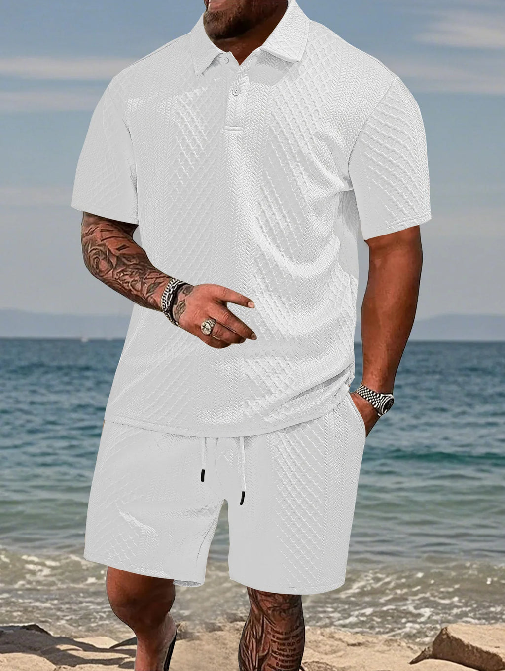 Men's Jacquard Polo Shirt & Drawstring Shorts Casual Summer 2-Piece Set