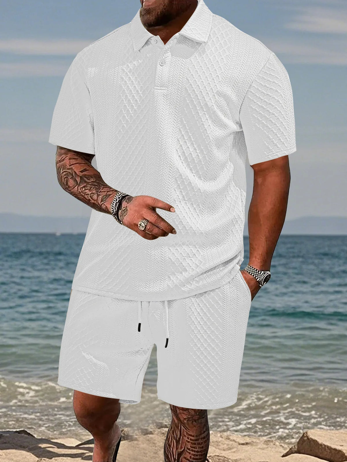 Men's Jacquard Polo Shirt & Drawstring Shorts Casual Summer 2-Piece Set