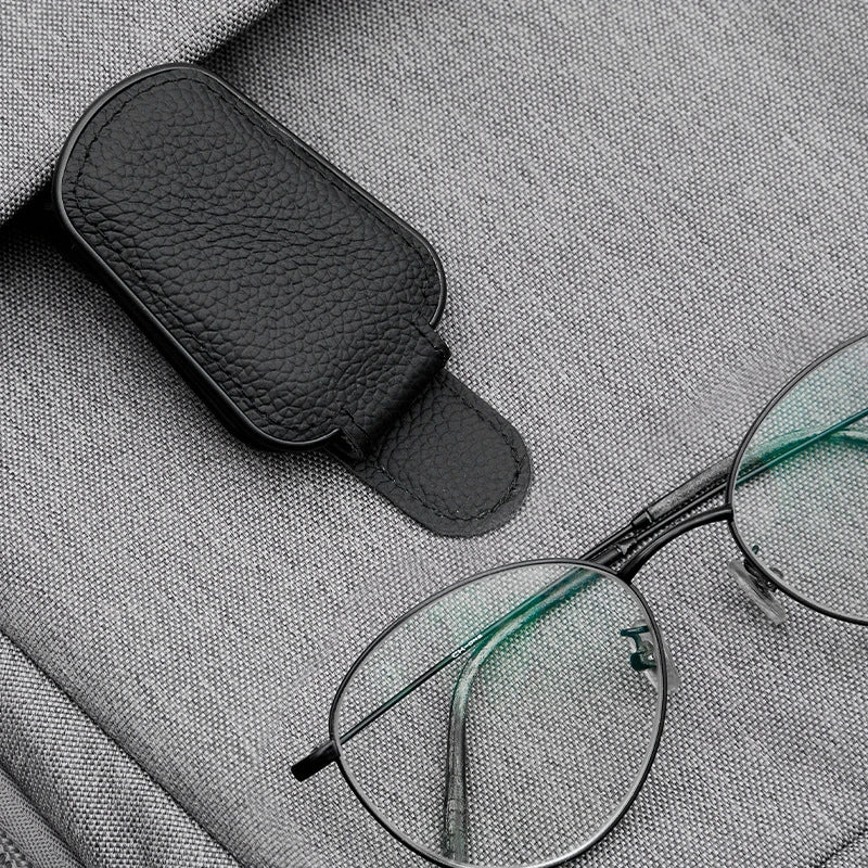 Black PU Leather Car Sunglasses Clip | Magnetic Sun Visor Storage Holder for Glasses & Cards