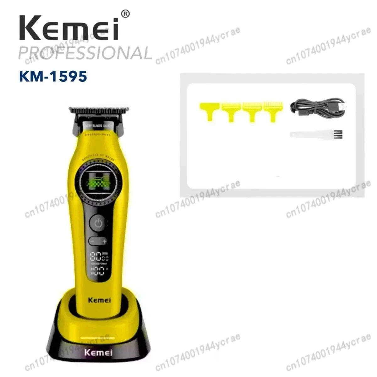 Kemei KM-1593 / KM-1595 Brushless Hair Clipper – DLC Blade, 8000 RPM, 200-Min Runtime, USB-C
