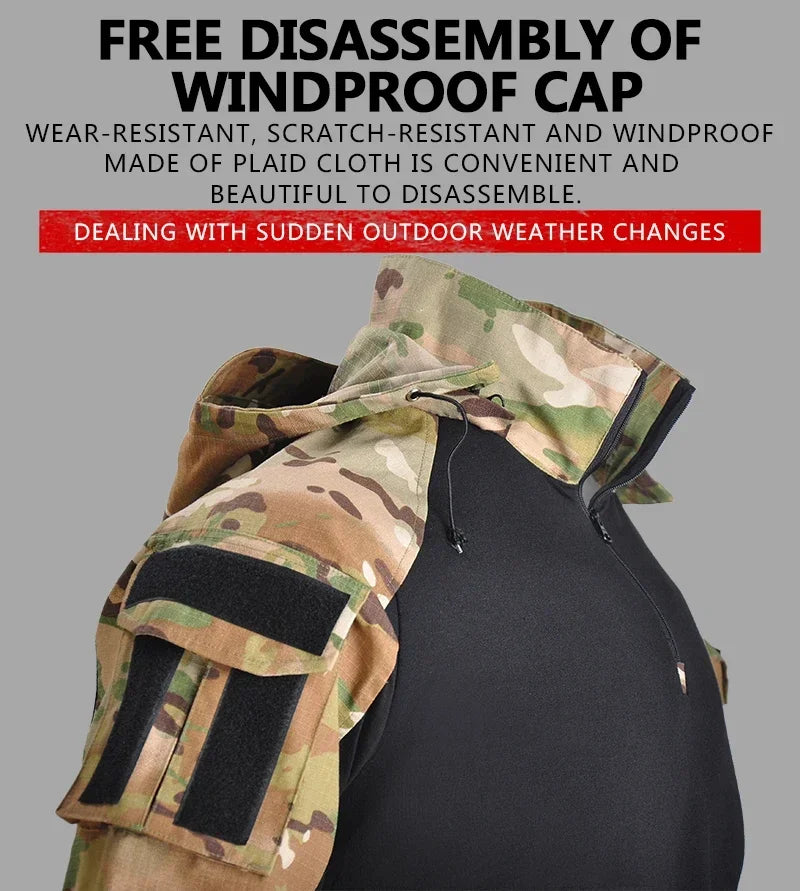 Men's Tactical Combat Suit – Camo Hooded Shirt & Cargo Pants with Pads