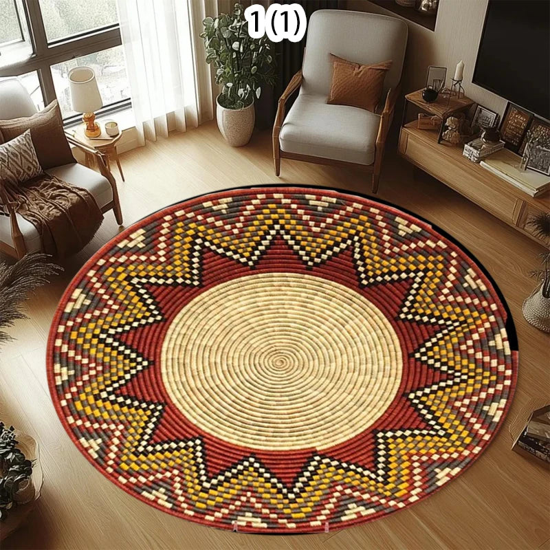 Round Woven Geometric Ethnic Rug – Non-Slip Durable Carpet for Living Room & Bedroom
