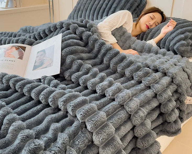Striped Plush Blanket – Soft Faux Rabbit Fur Throw