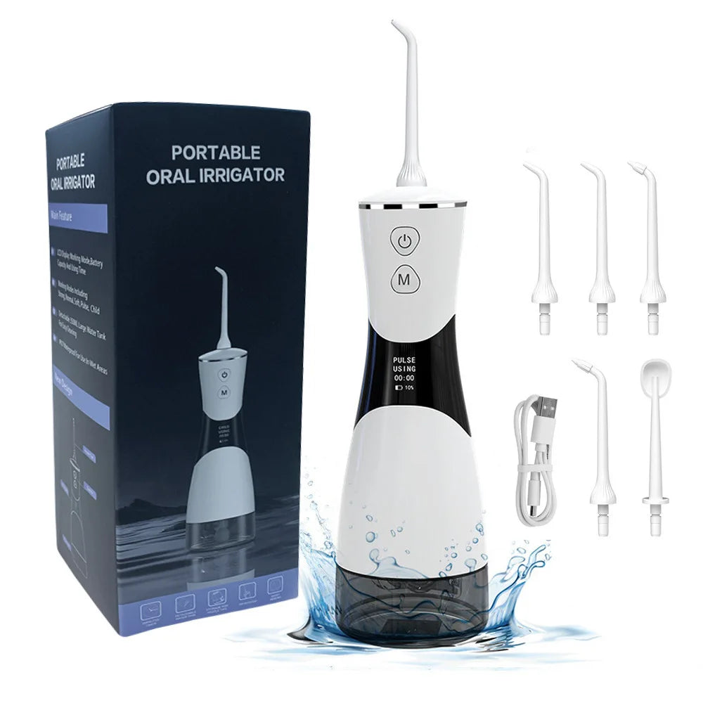 Portable Oral Irrigator – 350ml Tank, 5 Pressure Modes, IPX7, 1800mAh, 5 Nozzles, USB Rechargeable