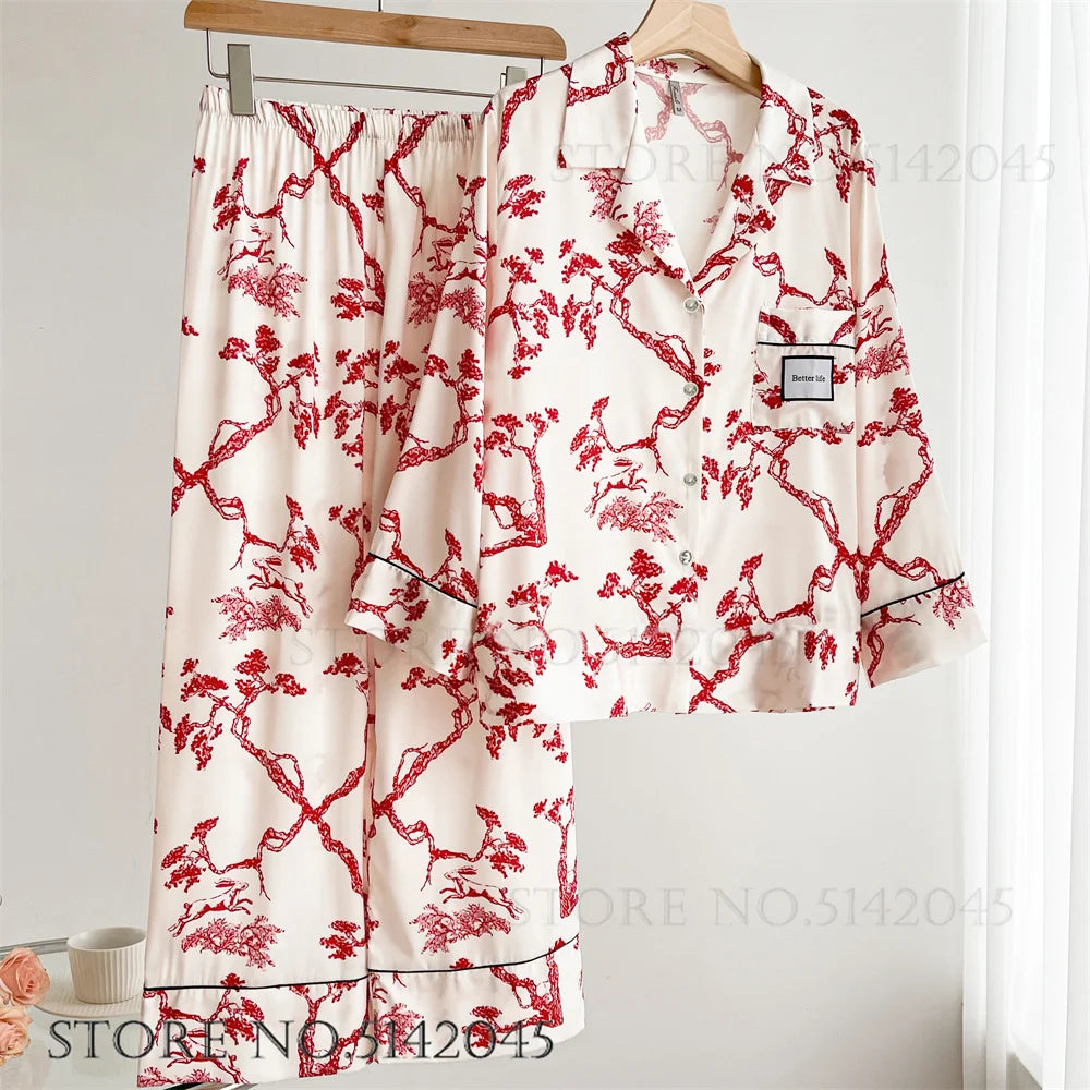 Women's Floral Print Satin 2-Piece Pajama Set | Loose Lounge Wear Homewear Suit