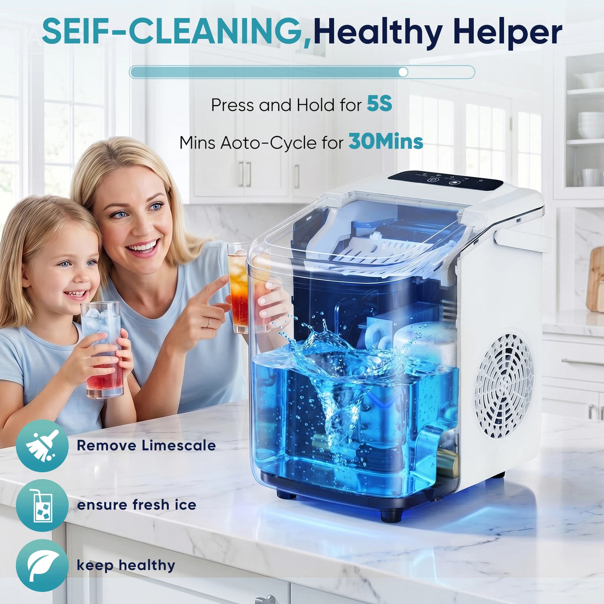 JHK Portable Countertop Ice Maker – 9 Ice Cubes in 6 Min, 26.5 lbs/24Hr, Scoop & Basket Included