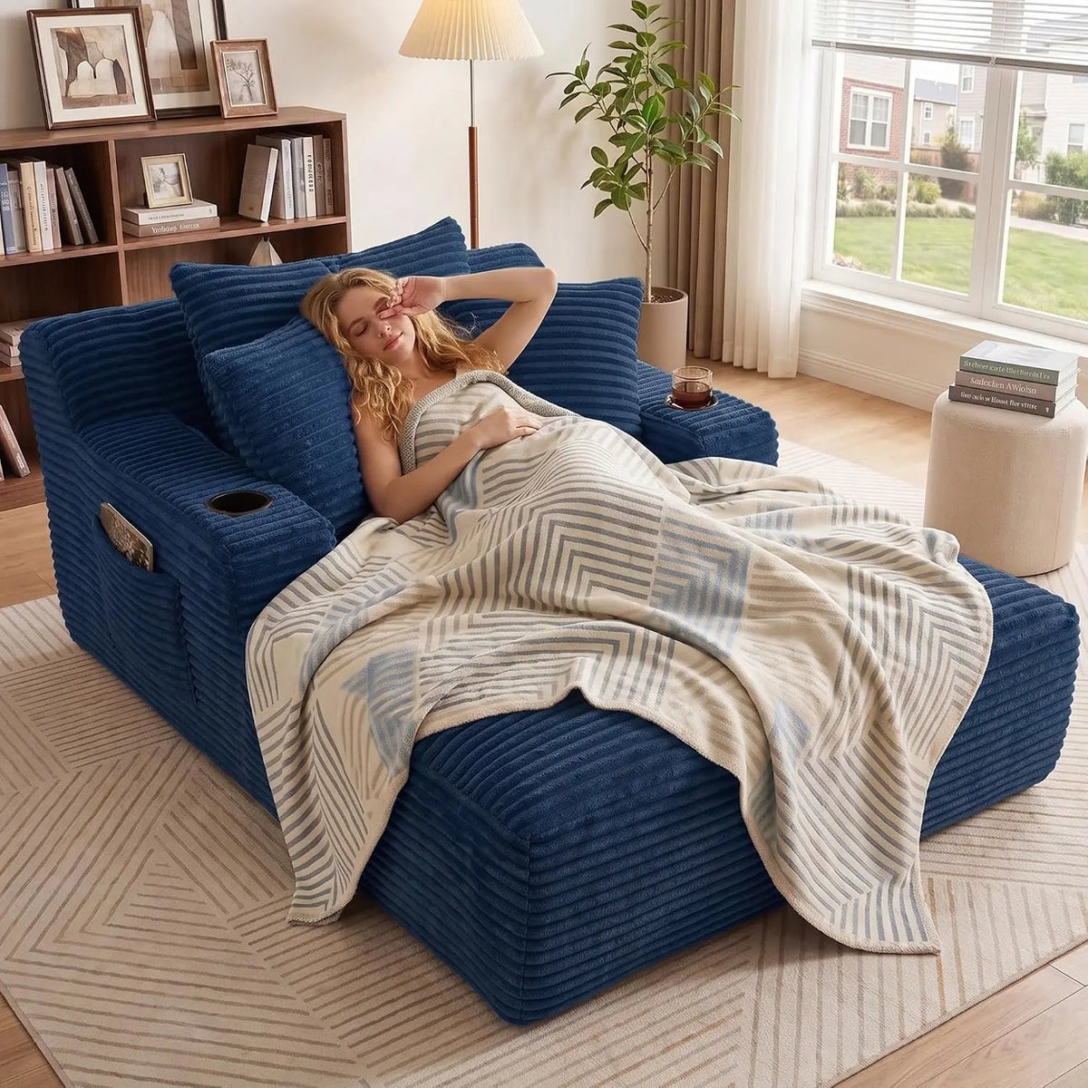 66-Inch Corduroy Chaise Lounge with 3 Pillows