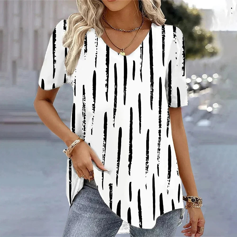 Women's 3D Flower Print V-Neck T-Shirt – Kawaii Oversized Summer Top & Blouse
