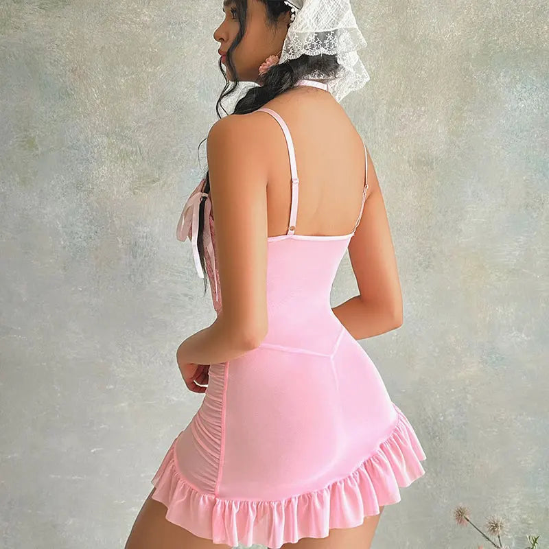 Semi-Sheer V-Neck Nightgown & Thong Set — Backless Sleepwear
