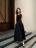 Women's Vintage Black Midi Dress – O-Neck Office Lady Casual Style with Pockets
