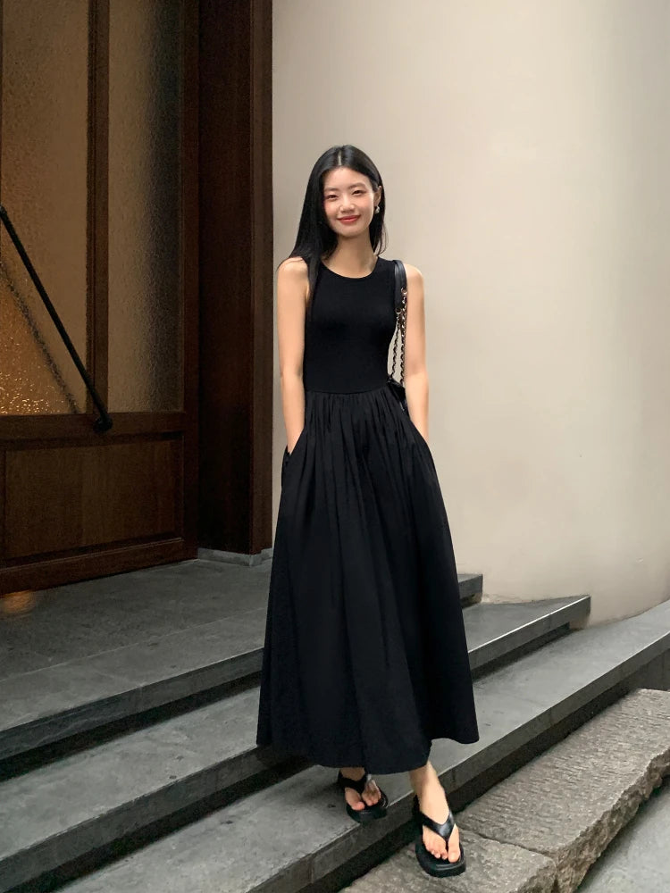 Women's Vintage Black Midi Dress – O-Neck Office Lady Casual Style with Pockets