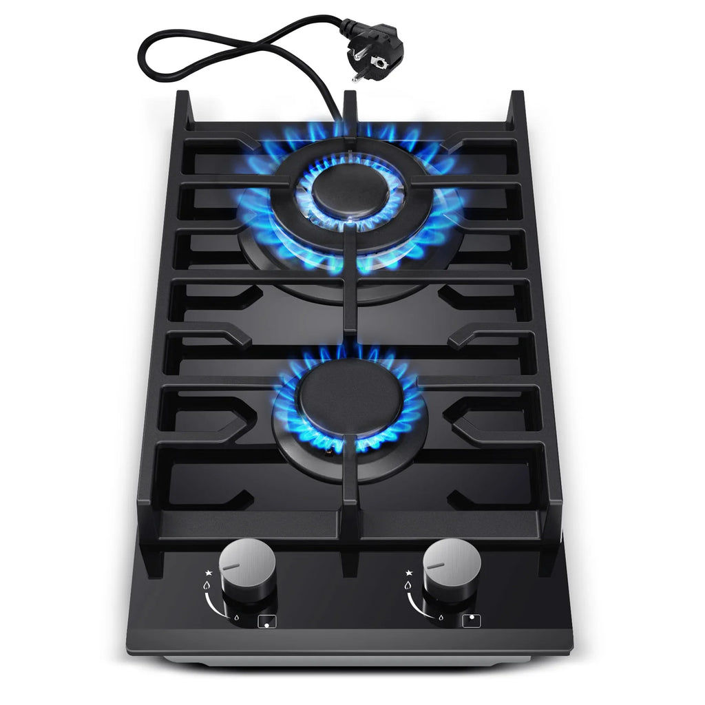 EU Certified 2-Burner Gas Hob – 30cm Tempered Glass, Dual Fuel NG/LPG, 5200W, Flame Failure Safety, Black