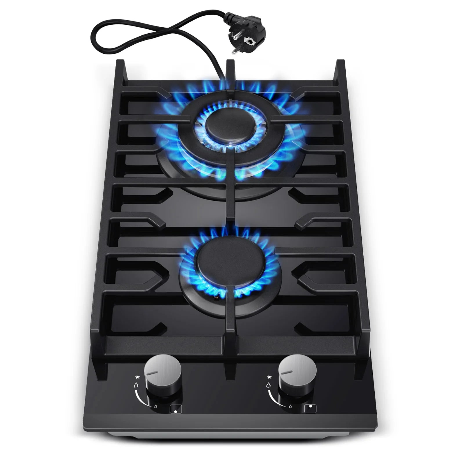 EU Certified 2-Burner Gas Hob – 30cm Tempered Glass, Dual Fuel NG/LPG, 5200W, Flame Failure Safety, Black